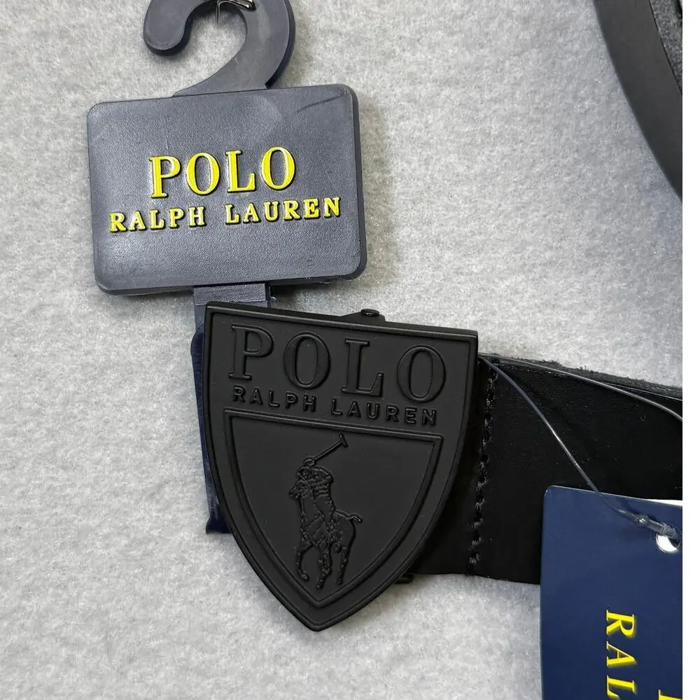 Polo Ralph Lauren Men's Shield-Buckle Leather Belt W/ free socks, Black 42W $99